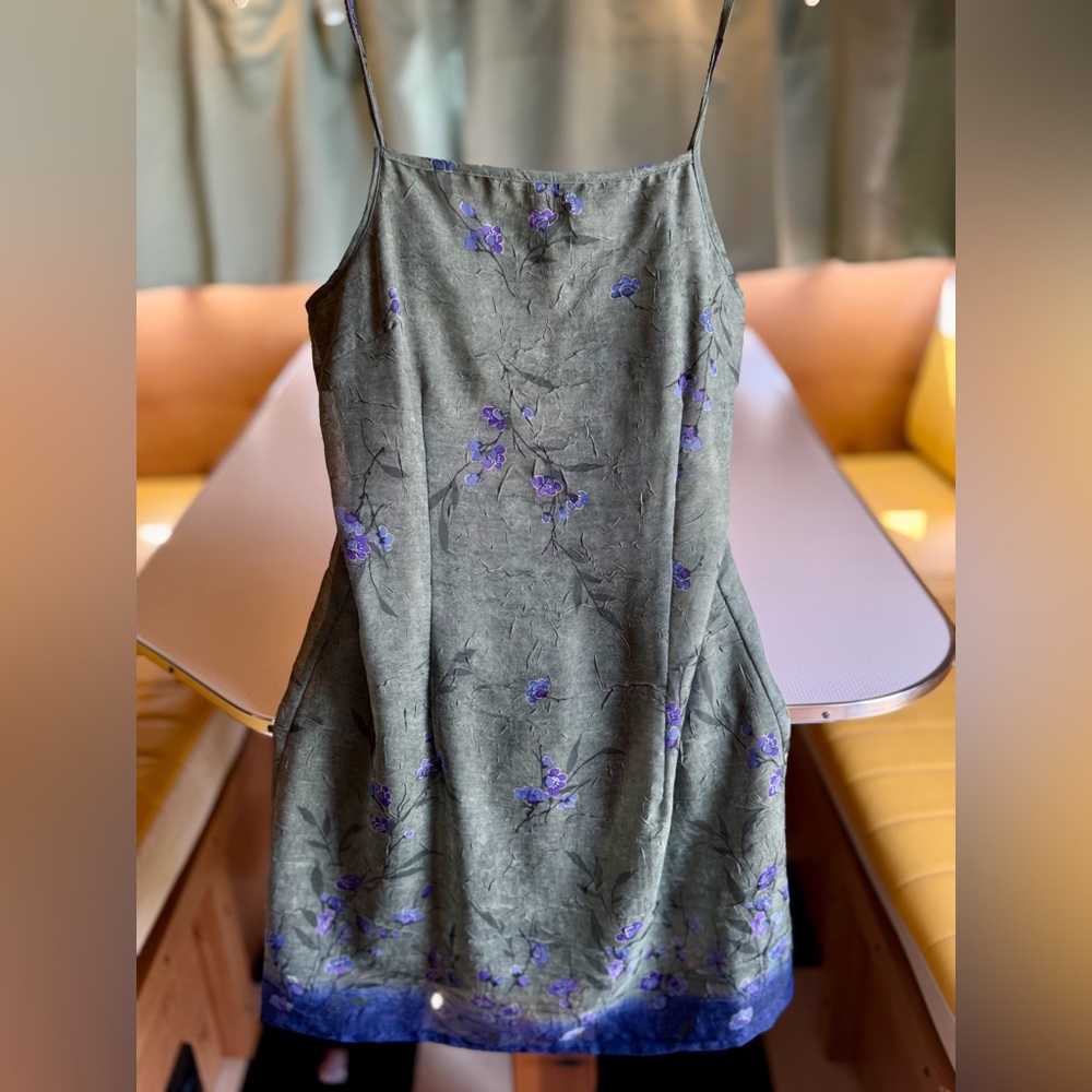 Olive Green Floral Slip Dress with Purple Accents